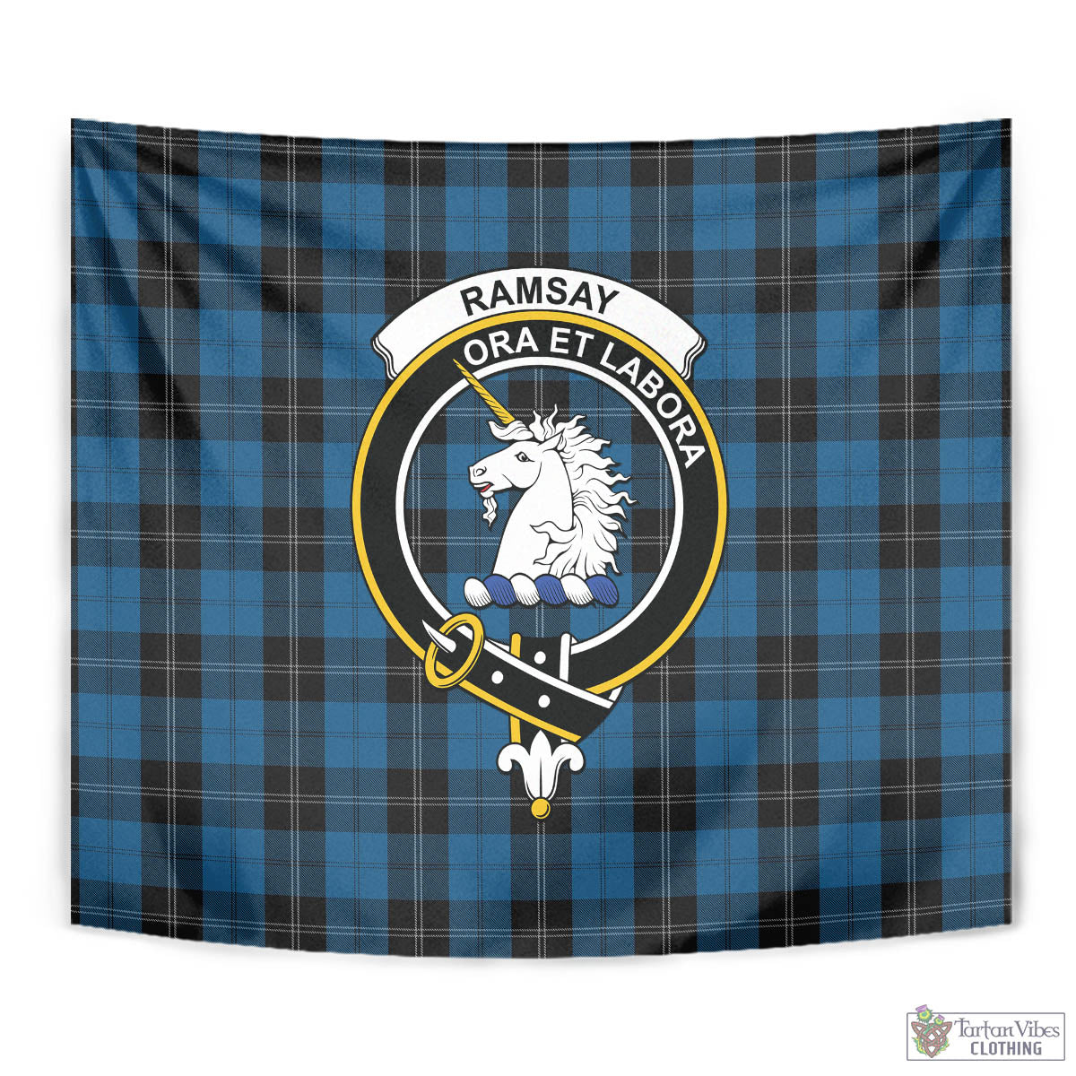 Tartan Vibes Clothing Ramsay Blue Hunting Tartan Tapestry Wall Hanging and Home Decor for Room with Family Crest