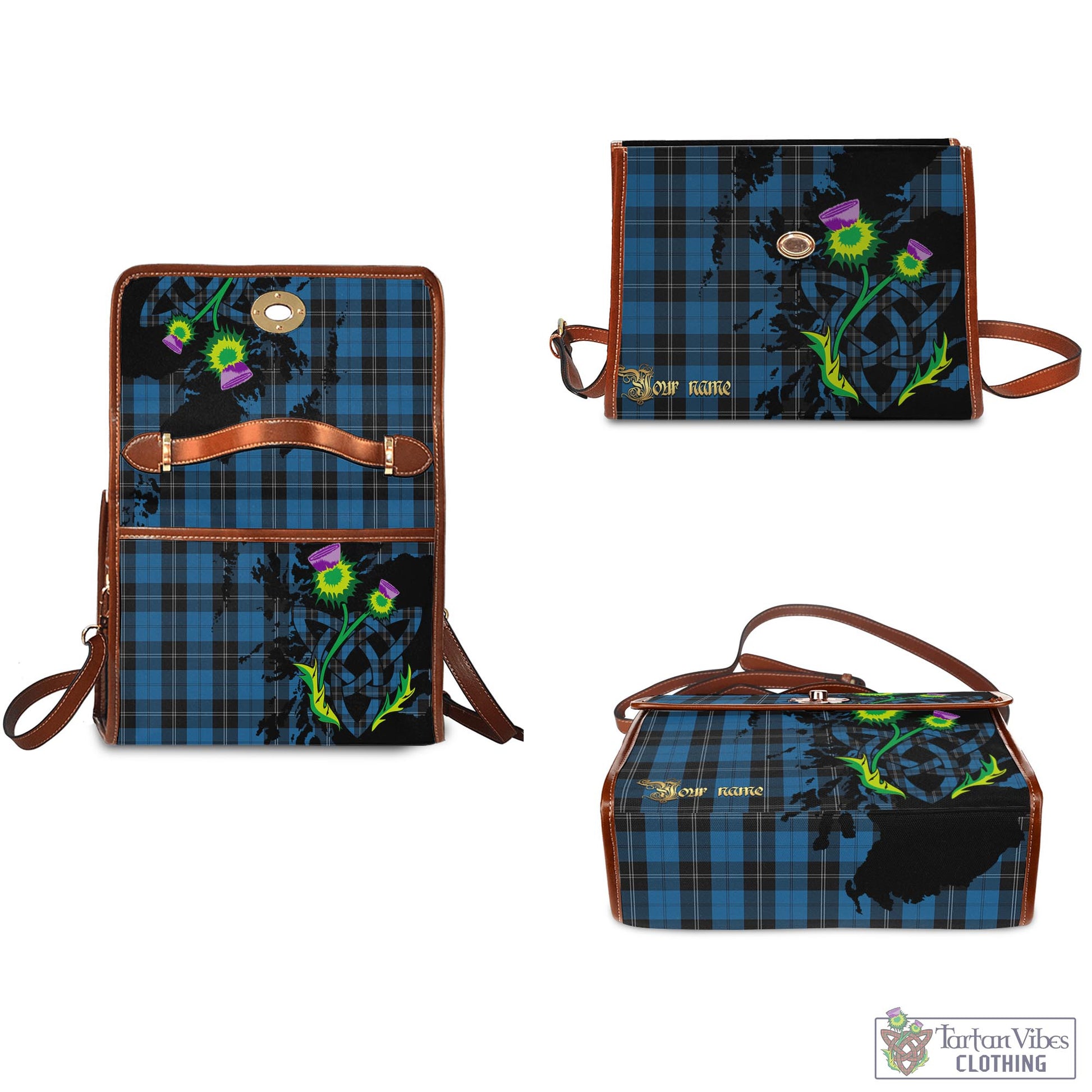 Tartan Vibes Clothing Ramsay Blue Hunting Tartan Waterproof Canvas Bag with Scotland Map and Thistle Celtic Accents