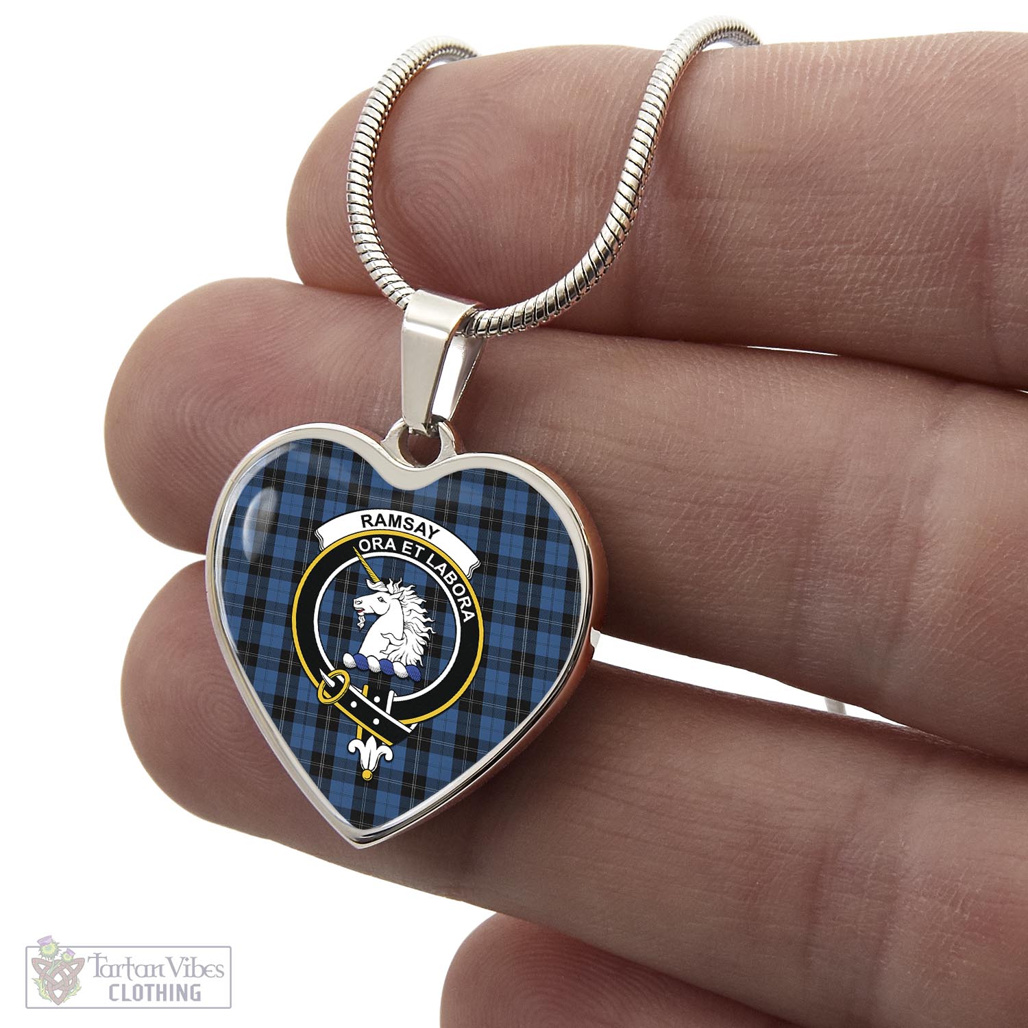 Tartan Vibes Clothing Ramsay Blue Hunting Tartan Heart Necklace with Family Crest