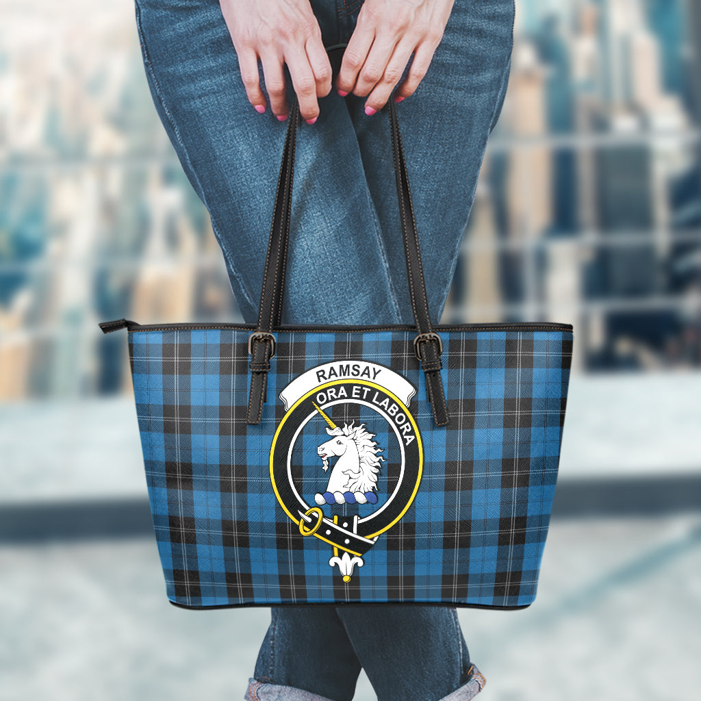 Ramsay Blue Hunting Tartan Leather Tote Bag with Family Crest - Tartan Vibes Clothing