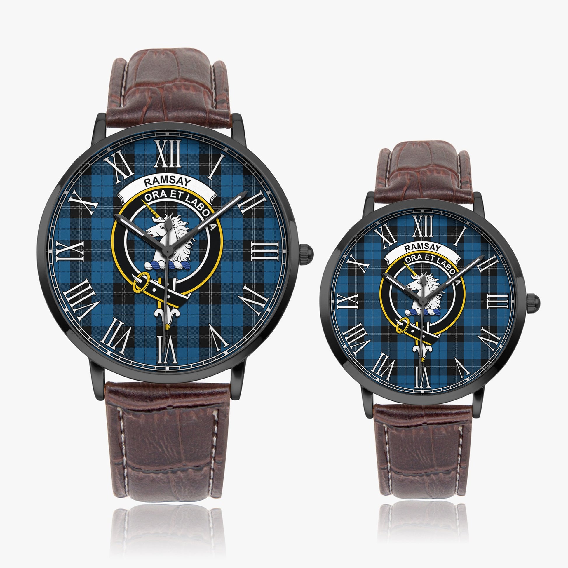 Ramsay Blue Hunting Tartan Family Crest Leather Strap Quartz Watch - Tartanvibesclothing