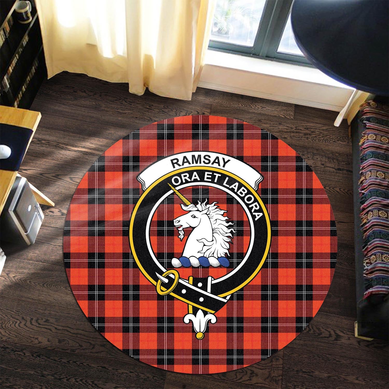 ramsay-modern-tartan-round-rug-with-family-crest