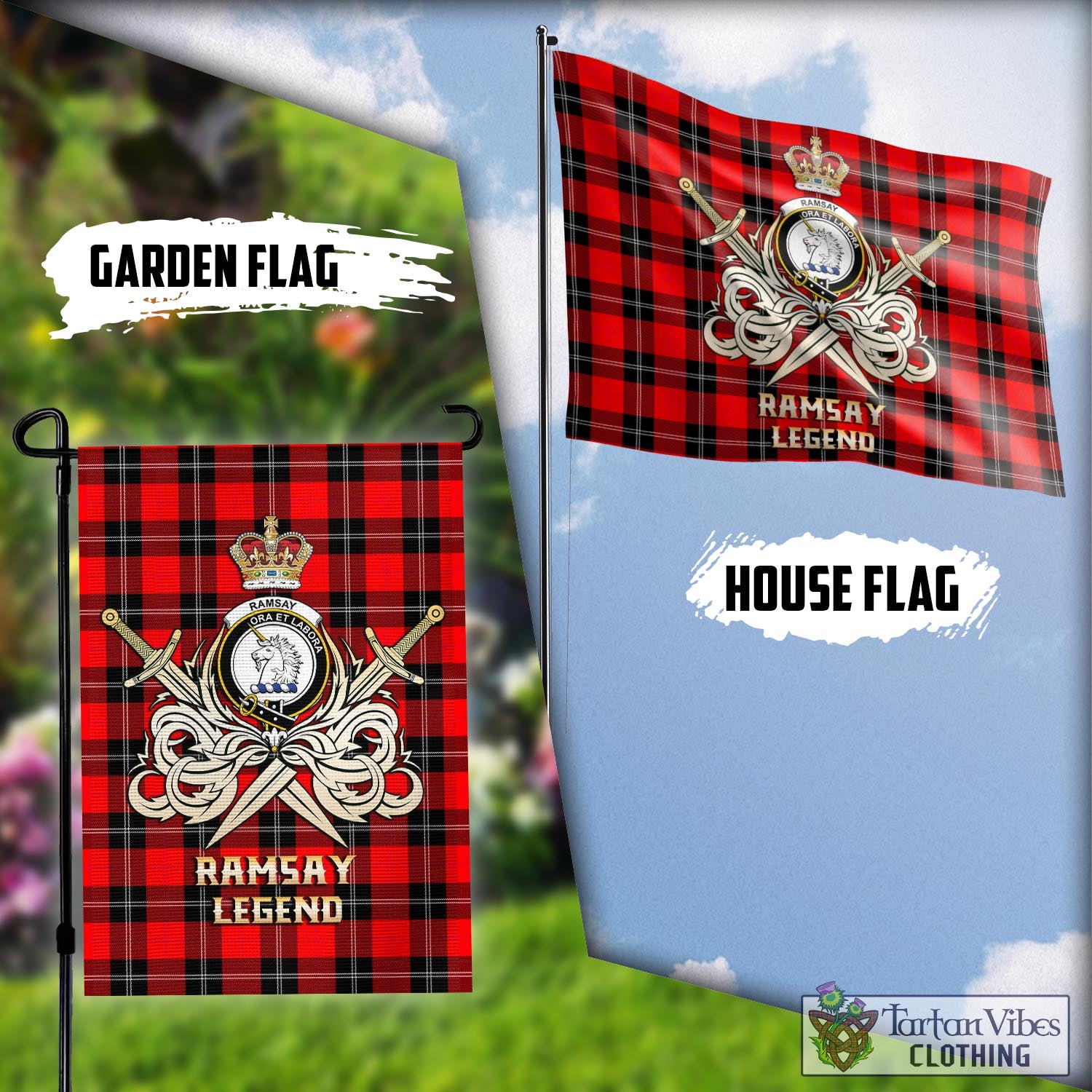 Tartan Vibes Clothing Ramsay Modern Tartan Flag with Clan Crest and the Golden Sword of Courageous Legacy