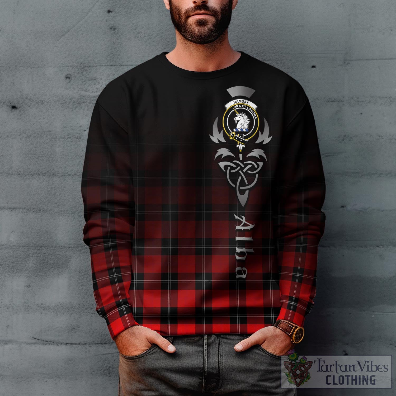 Tartan Vibes Clothing Ramsay Modern Tartan Sweatshirt Featuring Alba Gu Brath Family Crest Celtic Inspired