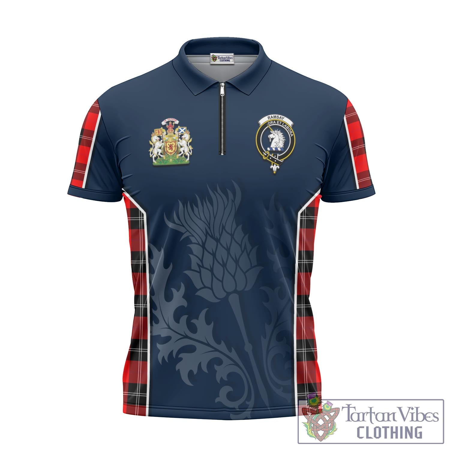 Tartan Vibes Clothing Ramsay Modern Tartan Zipper Polo Shirt with Family Crest and Scottish Thistle Vibes Sport Style