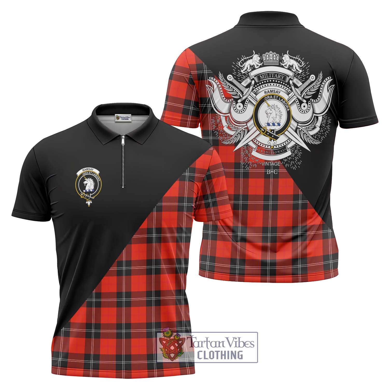 Tartan Vibes Clothing Ramsay Modern Tartan Zipper Polo Shirt with Family Crest and Military Logo Style