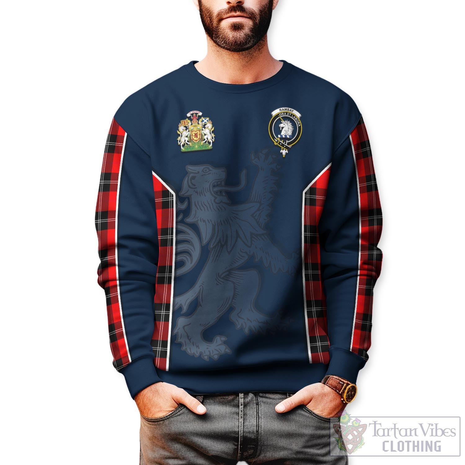 Tartan Vibes Clothing Ramsay Modern Tartan Sweater with Family Crest and Lion Rampant Vibes Sport Style