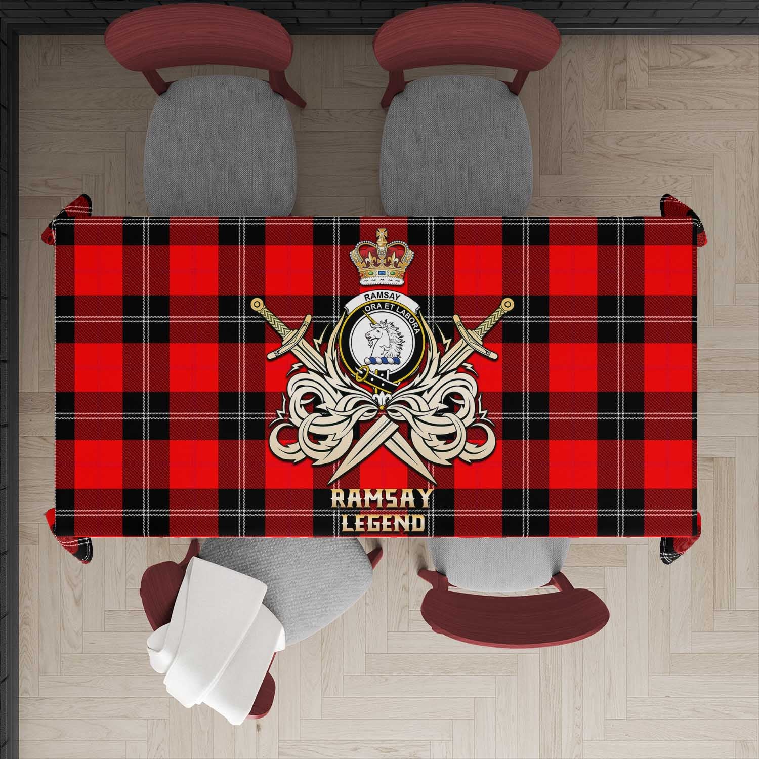 Tartan Vibes Clothing Ramsay Modern Tartan Tablecloth with Clan Crest and the Golden Sword of Courageous Legacy