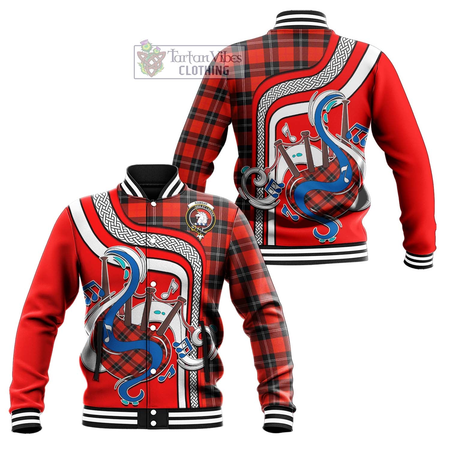 Tartan Vibes Clothing Ramsay Modern Tartan Baseball Jacket with Epic Bagpipe Style