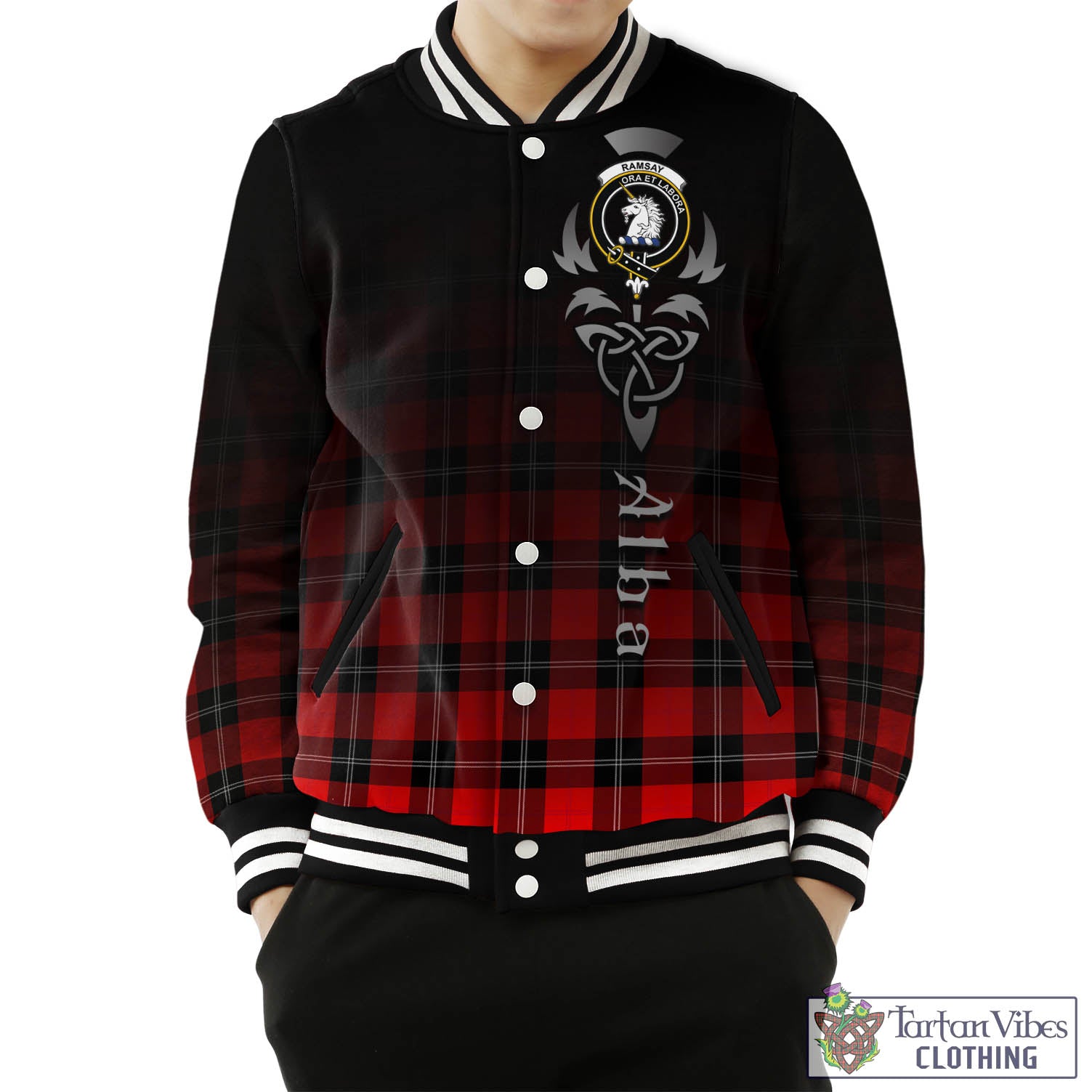 Tartan Vibes Clothing Ramsay Modern Tartan Baseball Jacket Featuring Alba Gu Brath Family Crest Celtic Inspired