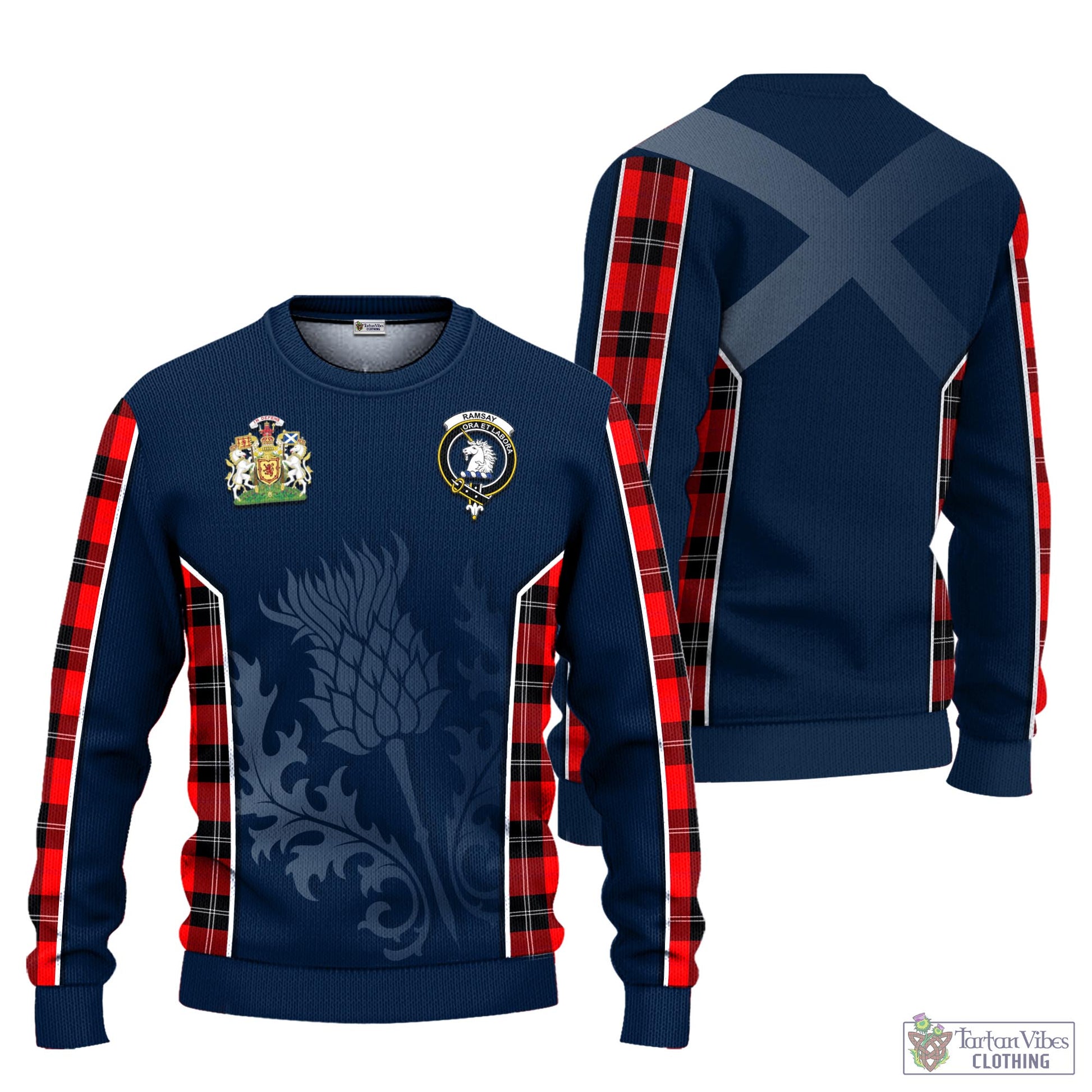 Tartan Vibes Clothing Ramsay Modern Tartan Knitted Sweatshirt with Family Crest and Scottish Thistle Vibes Sport Style