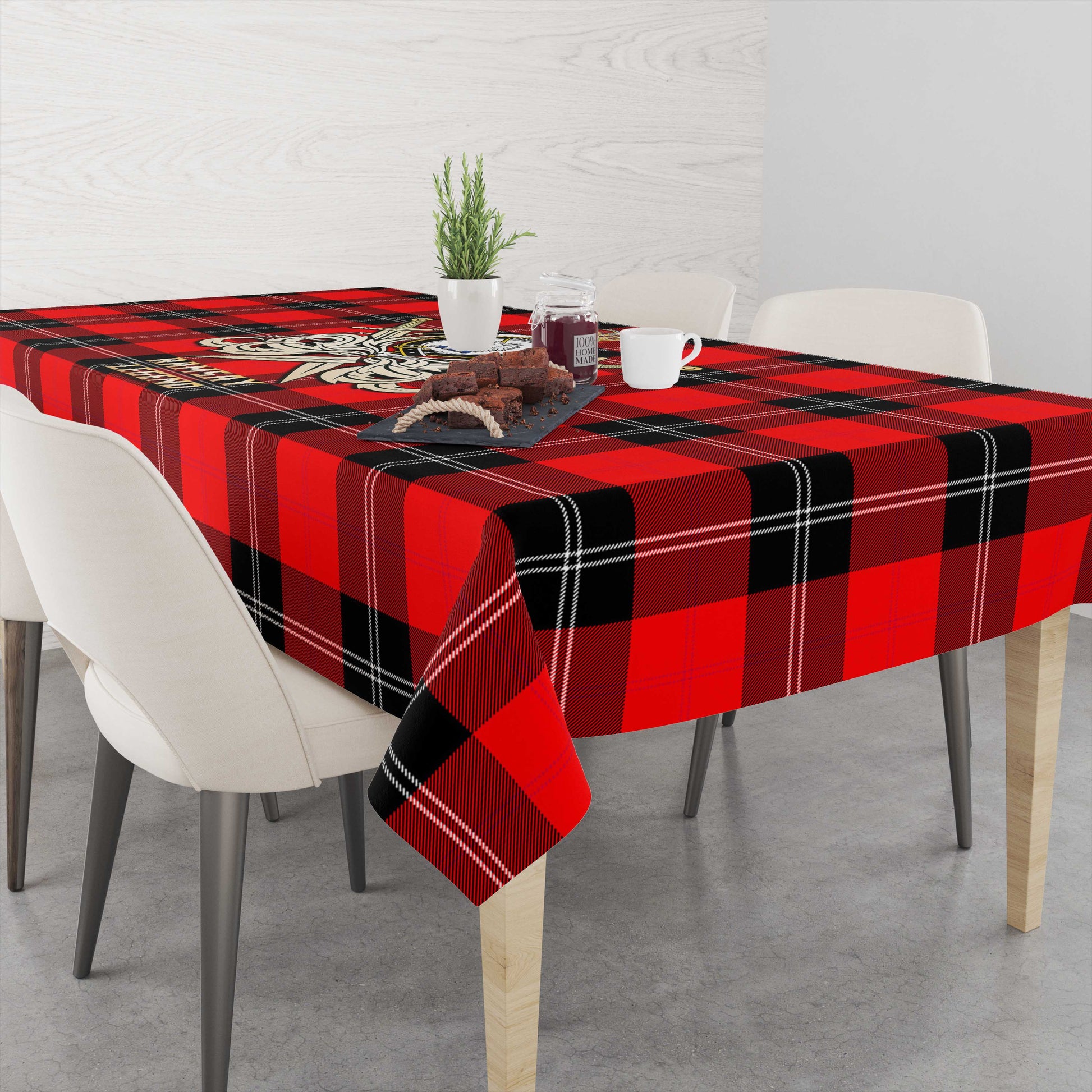 Tartan Vibes Clothing Ramsay Modern Tartan Tablecloth with Clan Crest and the Golden Sword of Courageous Legacy