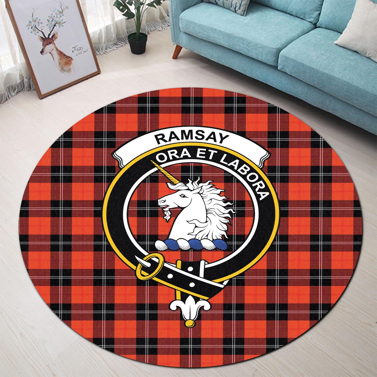 ramsay-modern-tartan-round-rug-with-family-crest