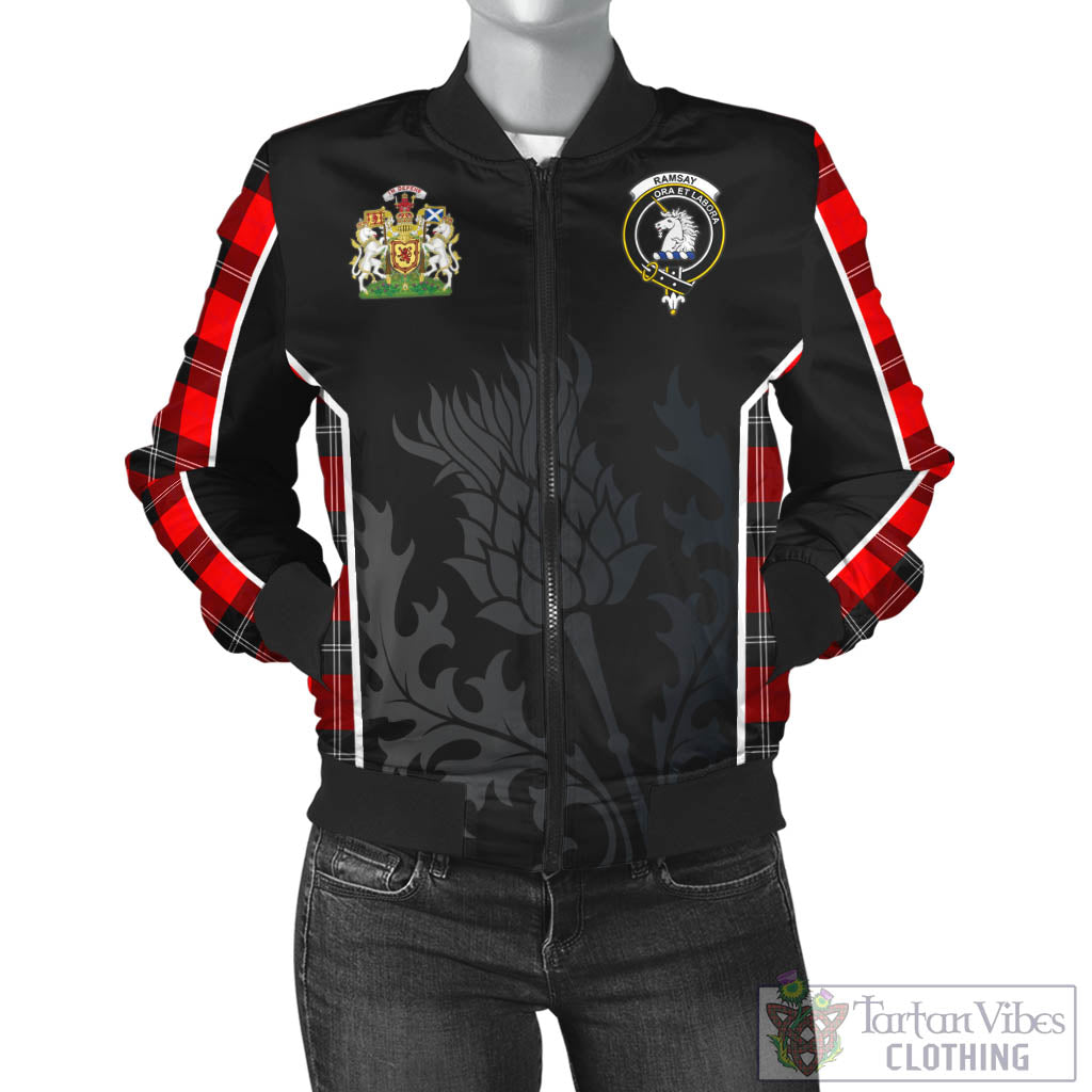 Tartan Vibes Clothing Ramsay Modern Tartan Bomber Jacket with Family Crest and Scottish Thistle Vibes Sport Style