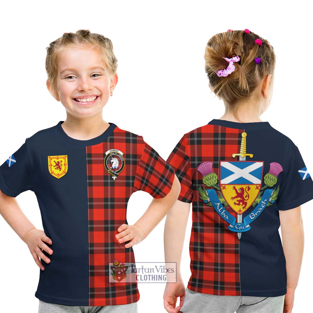 Tartan Vibes Clothing Ramsay Modern Tartan Kid T-Shirt with Scottish Lion Royal Arm Half Style