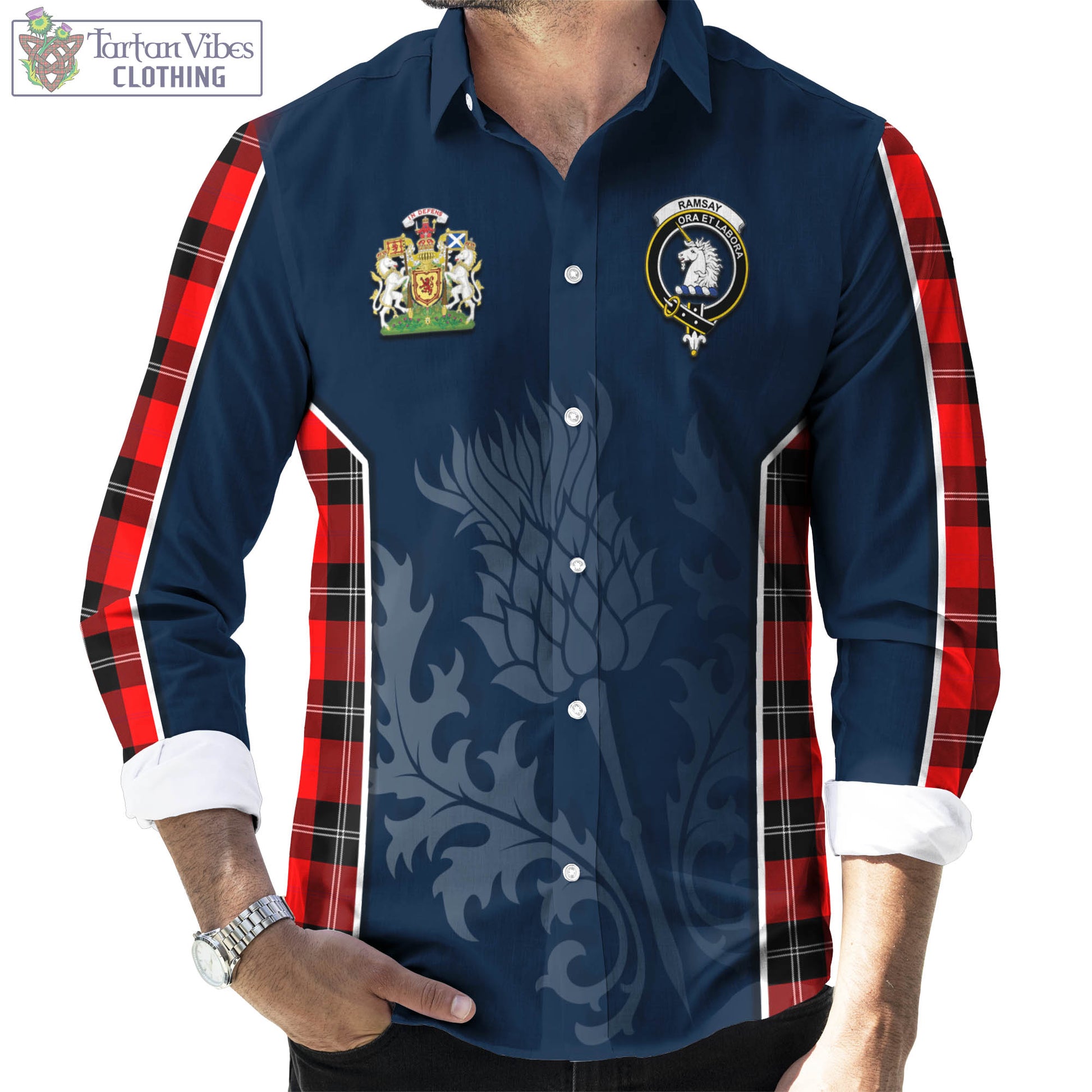 Tartan Vibes Clothing Ramsay Modern Tartan Long Sleeve Button Up Shirt with Family Crest and Scottish Thistle Vibes Sport Style