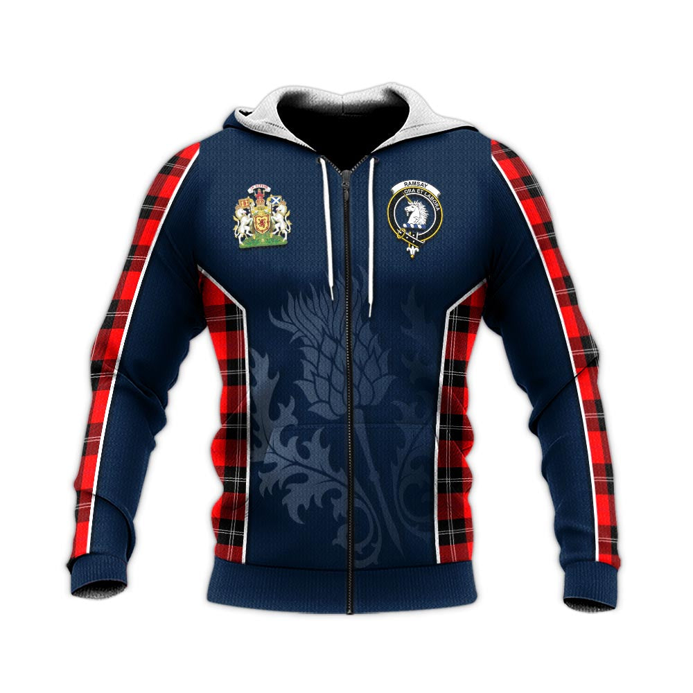 Tartan Vibes Clothing Ramsay Modern Tartan Knitted Hoodie with Family Crest and Scottish Thistle Vibes Sport Style