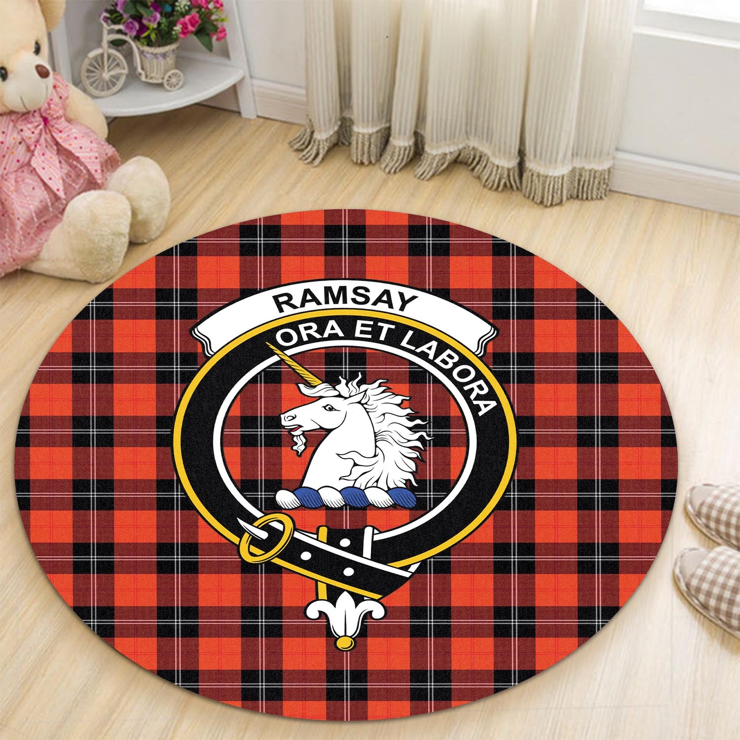 ramsay-modern-tartan-round-rug-with-family-crest