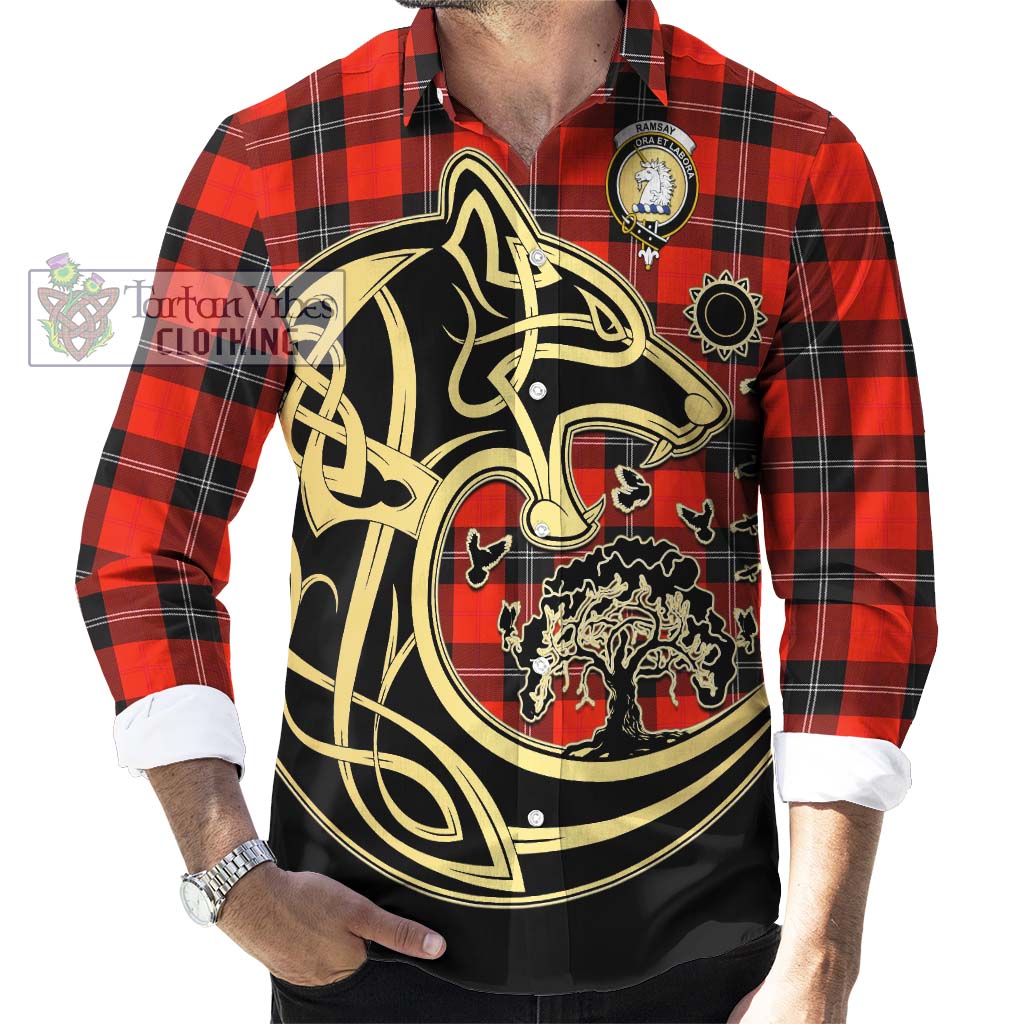 Tartan Vibes Clothing Ramsay Modern Tartan Long Sleeve Button Shirt with Family Crest Celtic Wolf Style