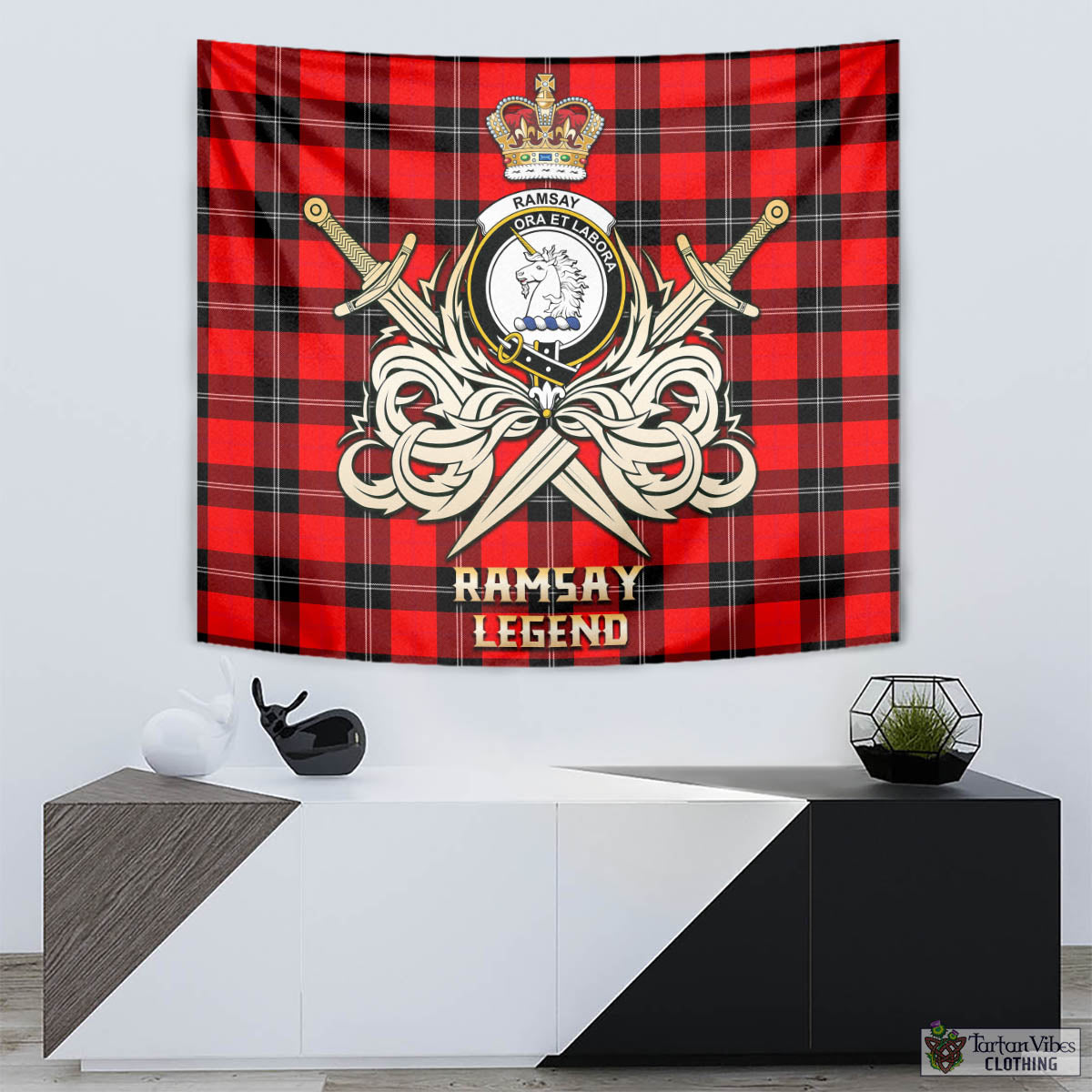 Tartan Vibes Clothing Ramsay Modern Tartan Tapestry with Clan Crest and the Golden Sword of Courageous Legacy