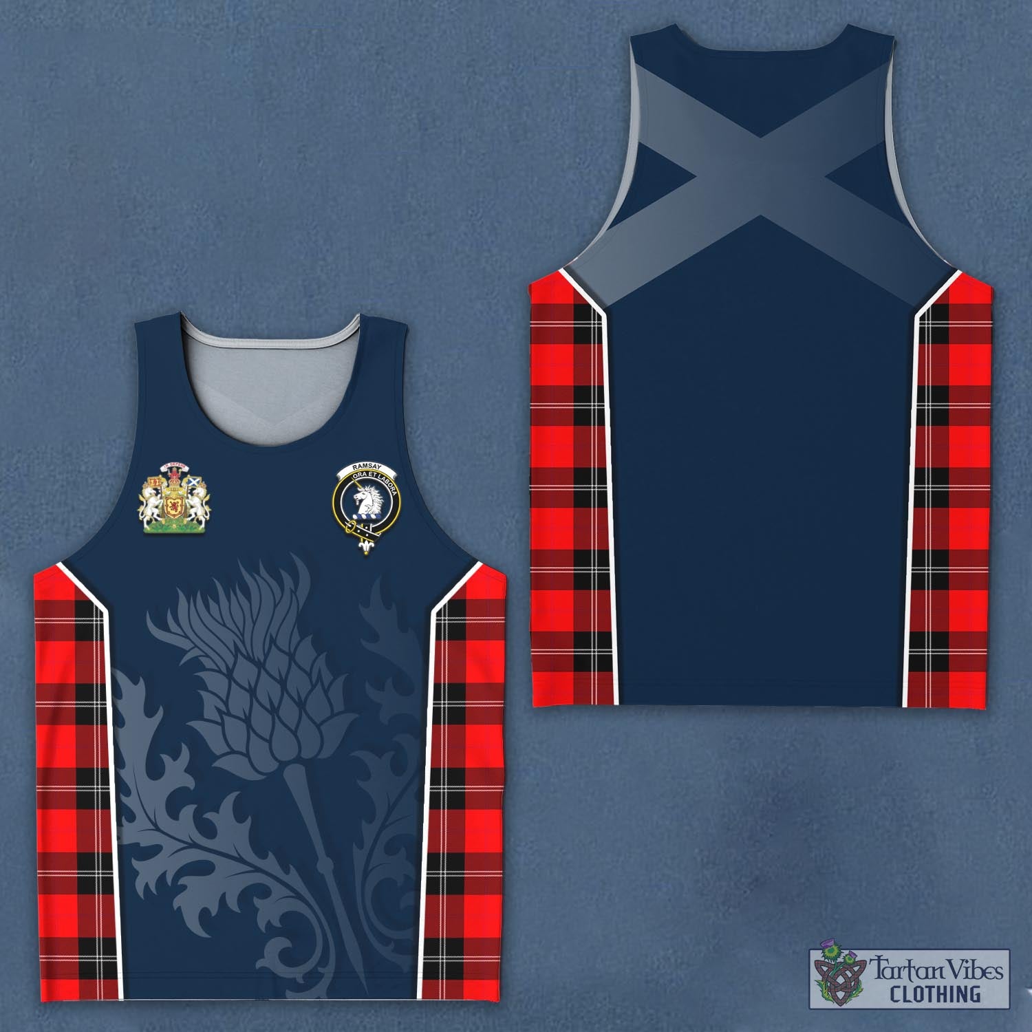 Tartan Vibes Clothing Ramsay Modern Tartan Men's Tanks Top with Family Crest and Scottish Thistle Vibes Sport Style