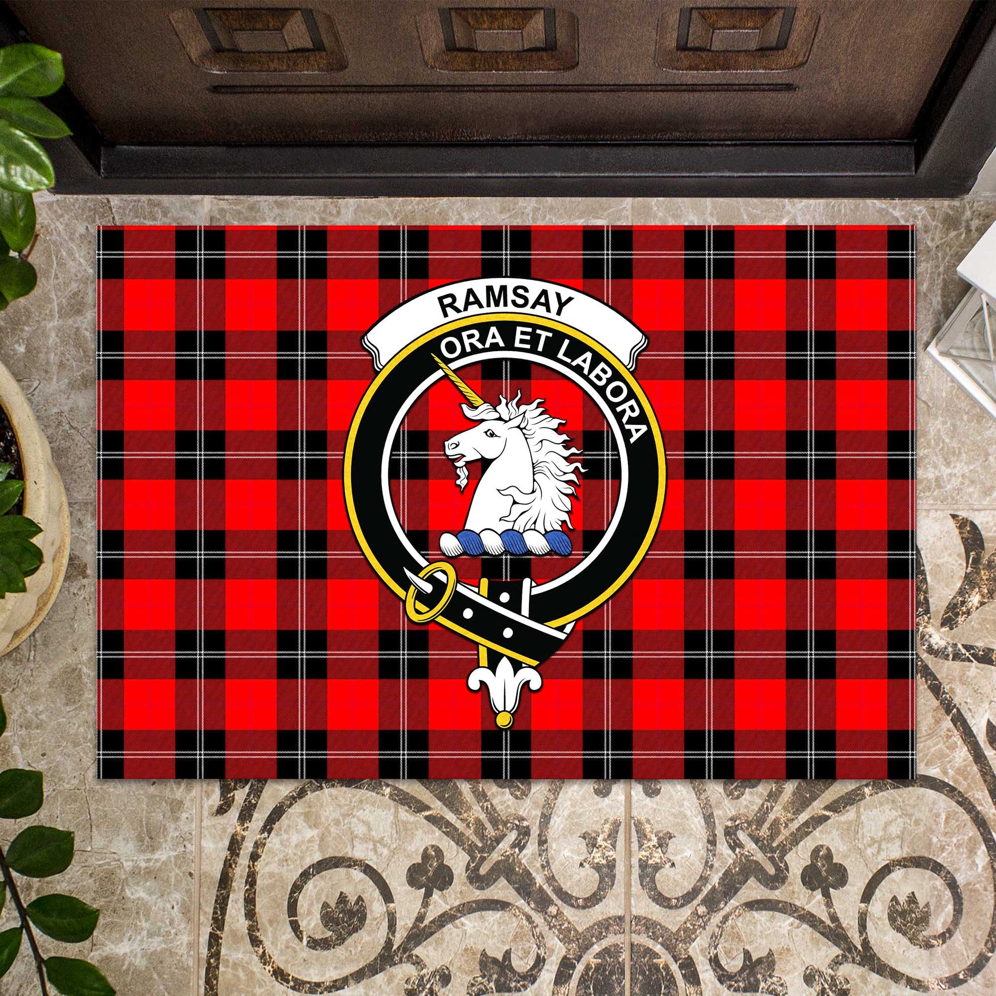 Ramsay Modern Tartan Door Mat with Family Crest - Tartanvibesclothing