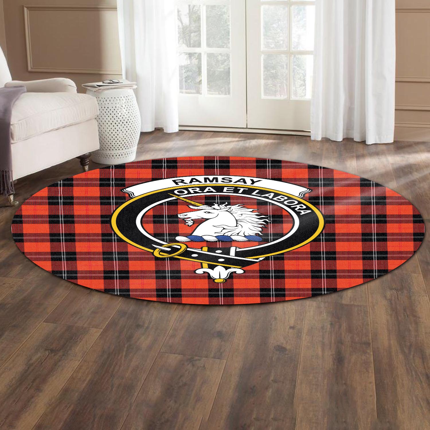 ramsay-modern-tartan-round-rug-with-family-crest