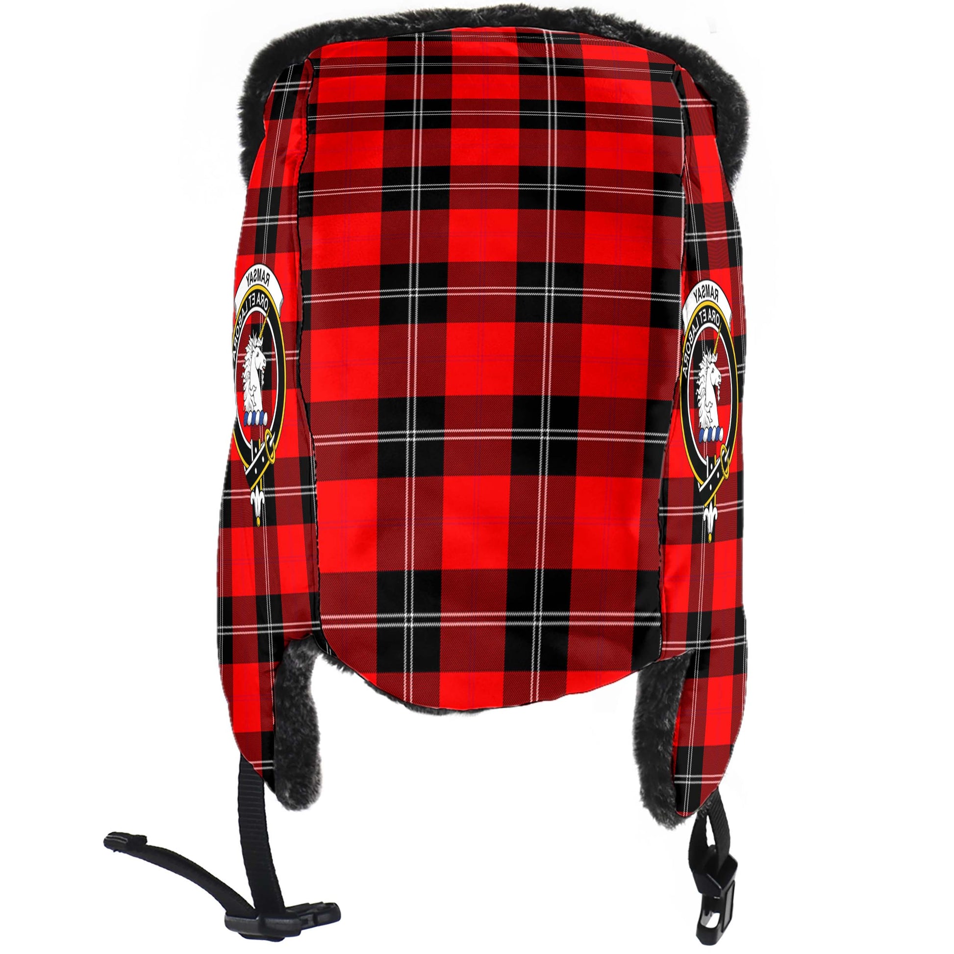 Ramsay Modern Tartan Winter Trapper Hat with Family Crest - Tartanvibesclothing