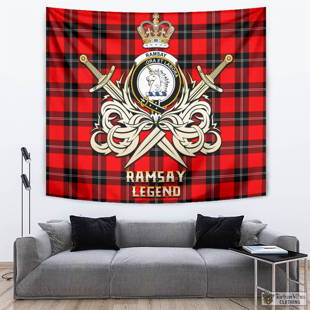 Tartan Vibes Clothing Ramsay Modern Tartan Tapestry with Clan Crest and the Golden Sword of Courageous Legacy