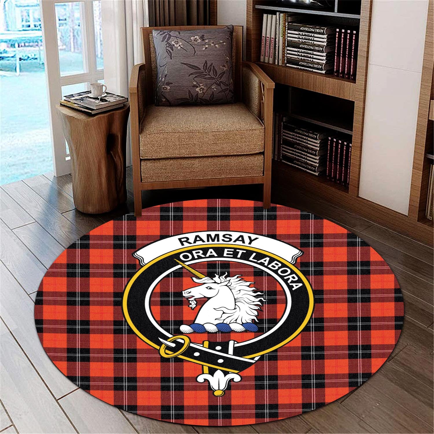 ramsay-modern-tartan-round-rug-with-family-crest