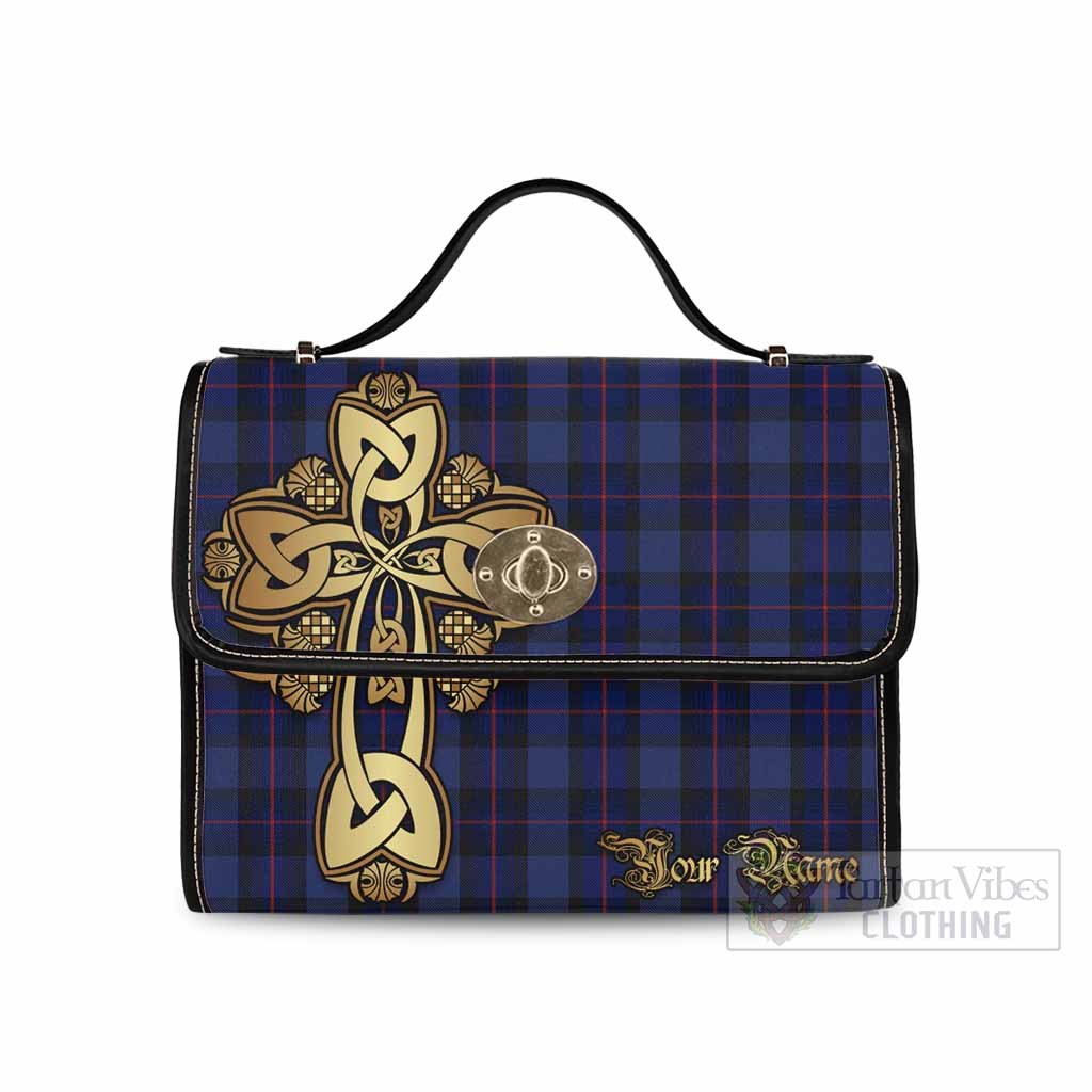 Rangers Tartan Waterproof Canvas Bag Golden Thistle Celtic Cross Style Black Leather Strap One Size 10.5*20*27cm - Tartan Vibes Clothing