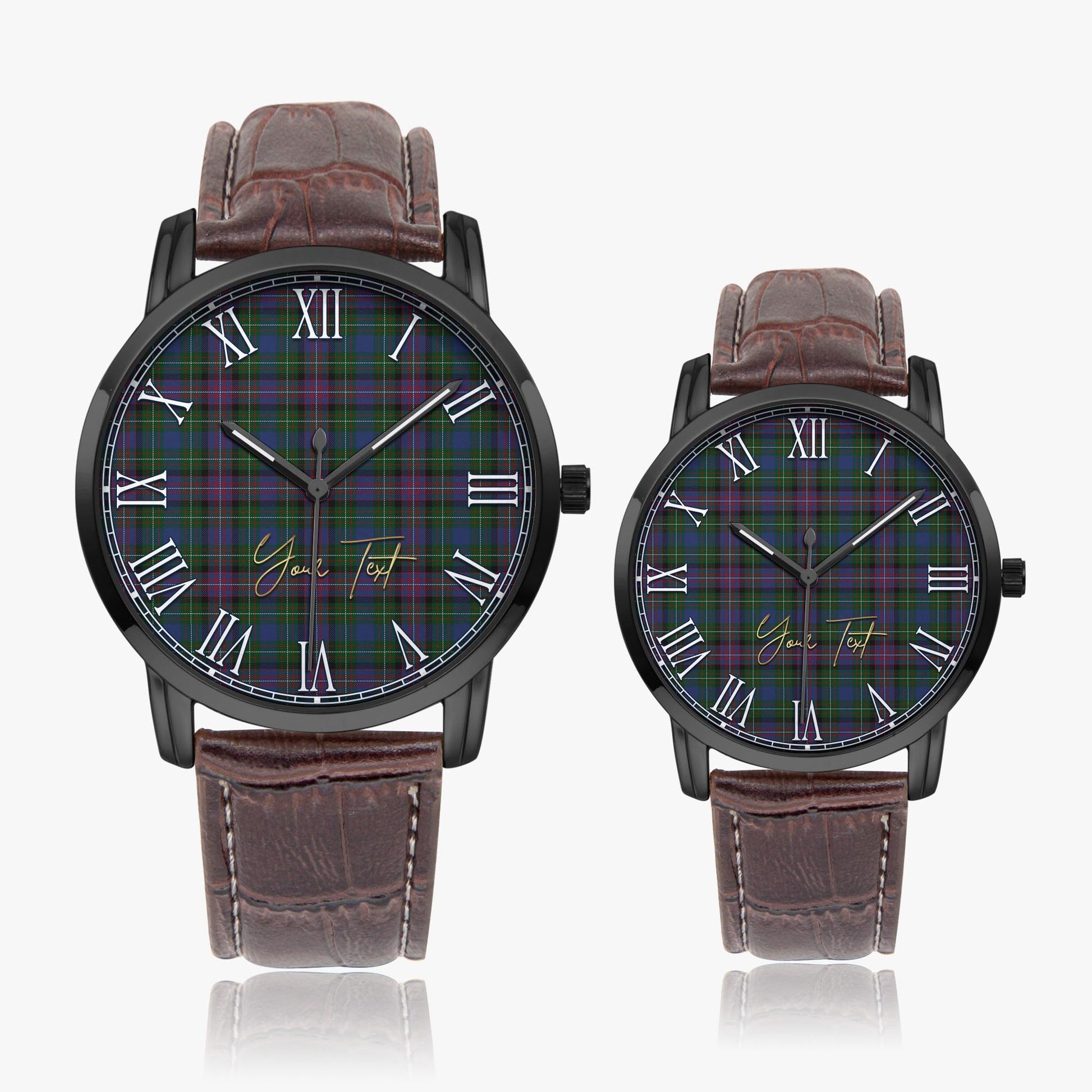 Rankin Tartan Personalized Your Text Leather Trap Quartz Watch Wide Type Black Case With Brown Leather Strap - Tartanvibesclothing