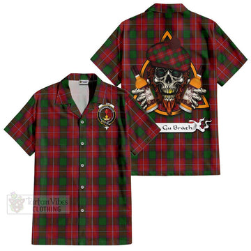 Rattray Tartan Short Sleeve Button Shirt with Family Crest and Bearded Skull Holding Bottles of Whiskey