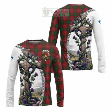 Rattray Tartan Long Sleeve T-Shirt with Family Crest and St. Andrew's Cross Accented by Thistle Vines