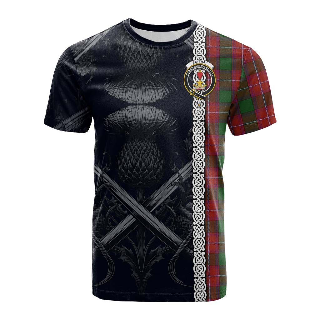 Tartan Vibes Clothing Rattray Tartan Cotton T-shirt with Family Crest Cross Sword Thistle Celtic Vibes