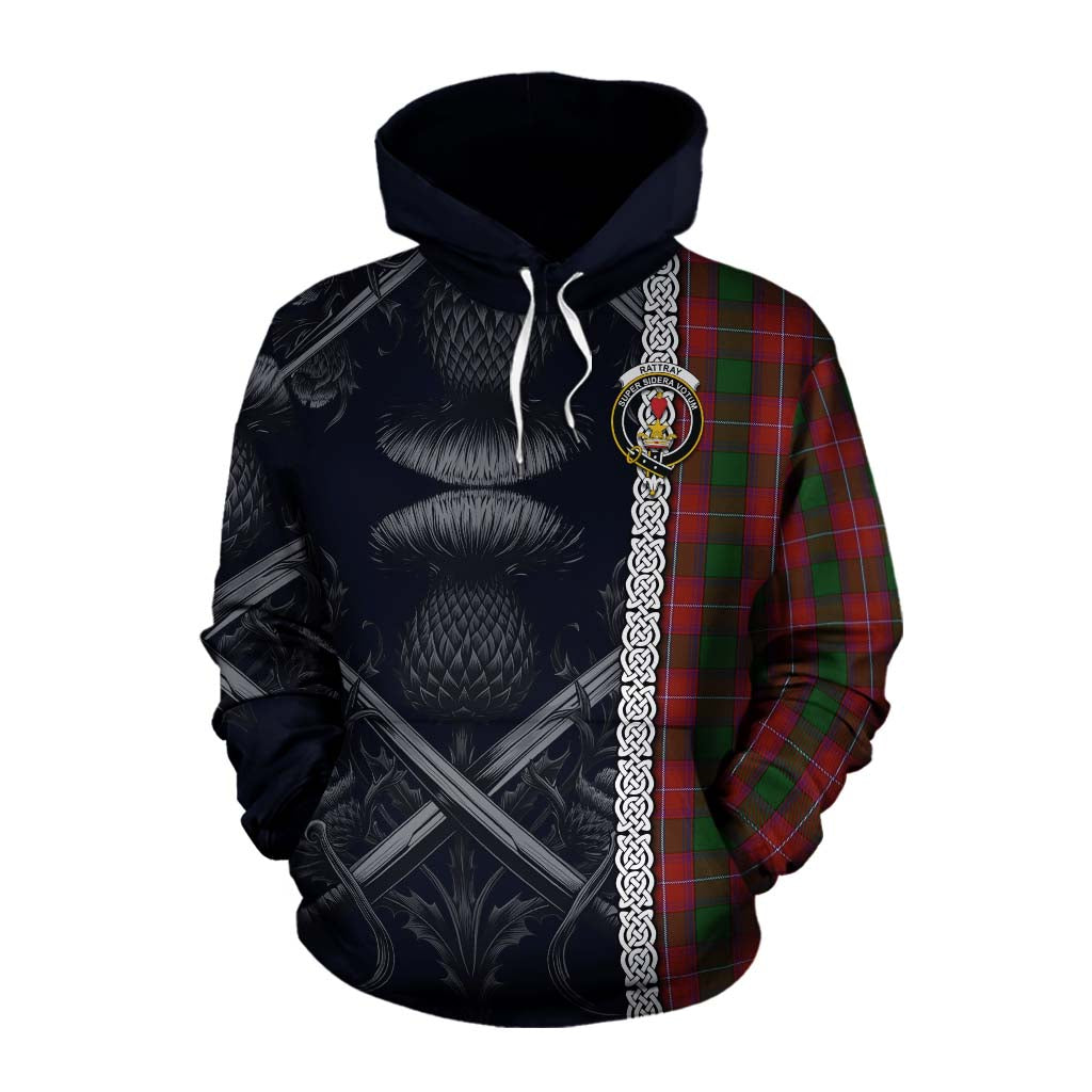 Tartan Vibes Clothing Rattray Tartan Cotton Hoodie with Family Crest Cross Sword Thistle Celtic Vibes