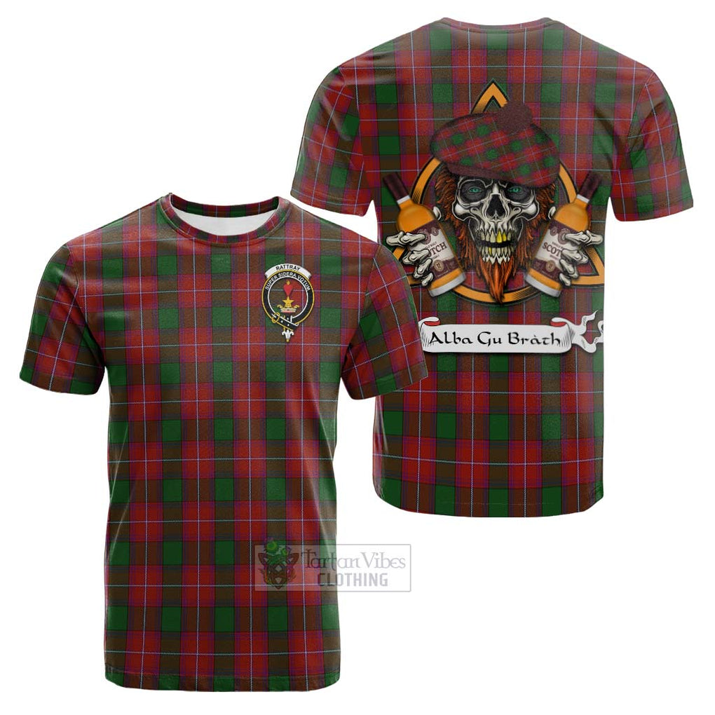 Tartan Vibes Clothing Rattray Tartan Cotton T-shirt with Family Crest and Bearded Skull Holding Bottles of Whiskey