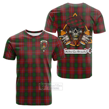 Rattray Tartan Cotton T-shirt with Family Crest and Bearded Skull Holding Bottles of Whiskey