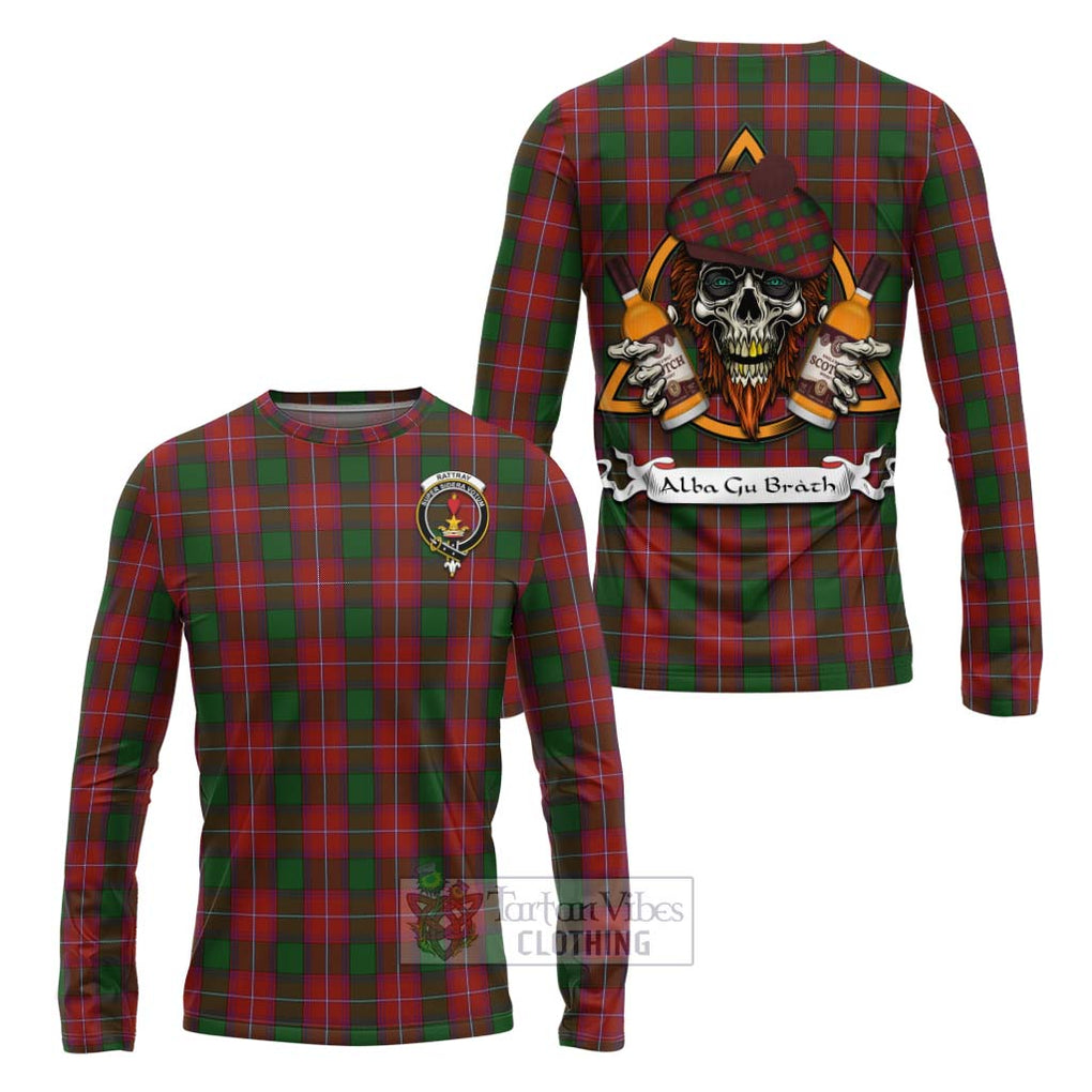 Tartan Vibes Clothing Rattray Tartan Long Sleeve T-Shirt with Family Crest and Bearded Skull Holding Bottles of Whiskey