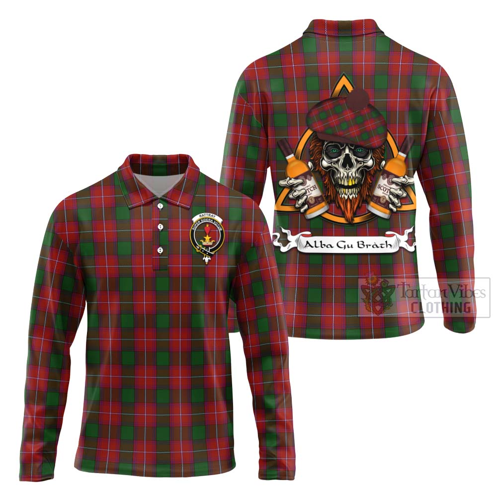 Tartan Vibes Clothing Rattray Tartan Long Sleeve Polo Shirt with Family Crest and Bearded Skull Holding Bottles of Whiskey