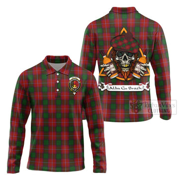 Rattray Tartan Long Sleeve Polo Shirt with Family Crest and Bearded Skull Holding Bottles of Whiskey