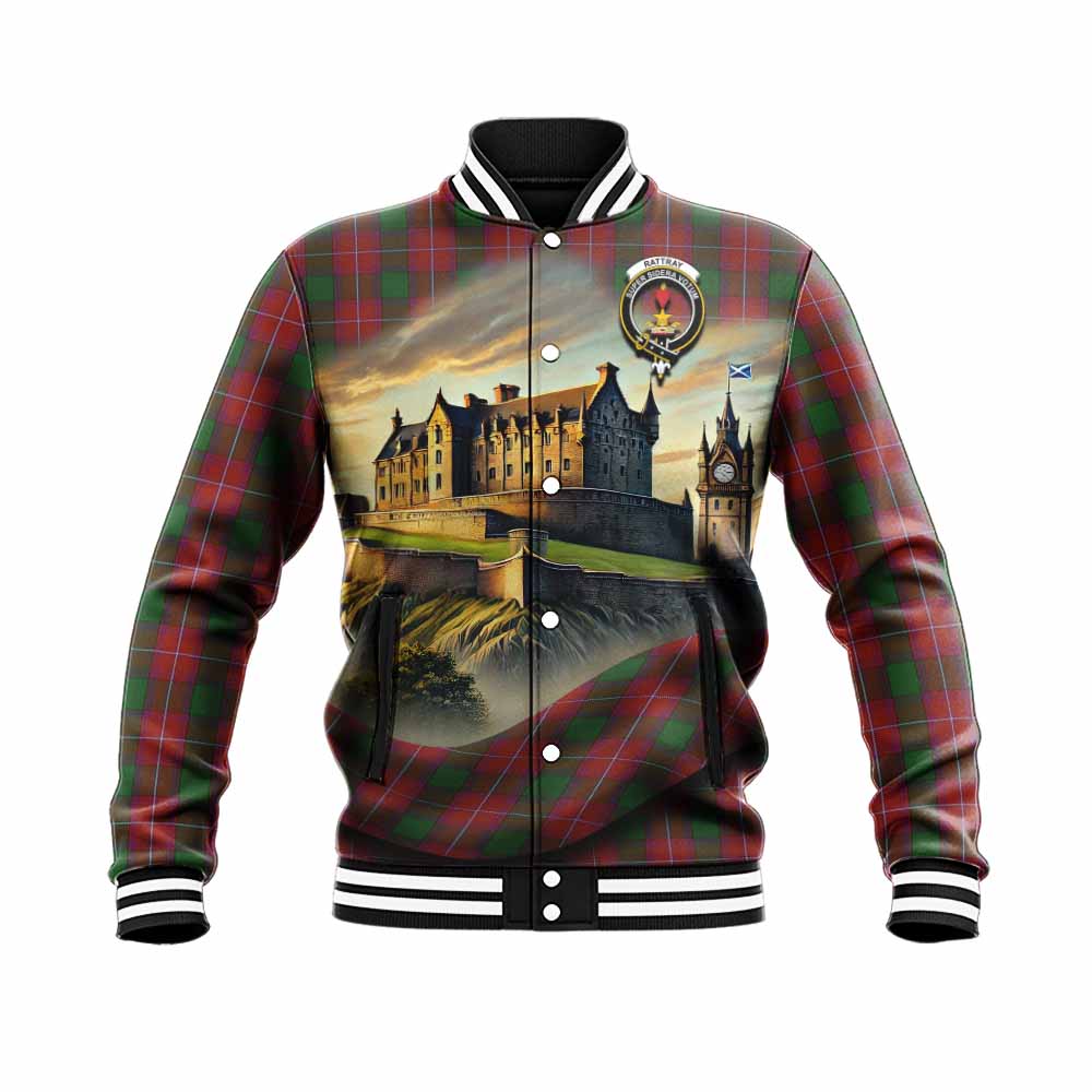 Rattray Tartan Family Crest Baseball Jacket with Scottish Ancient Castle Style Unisex - Tartan Vibes Clothing