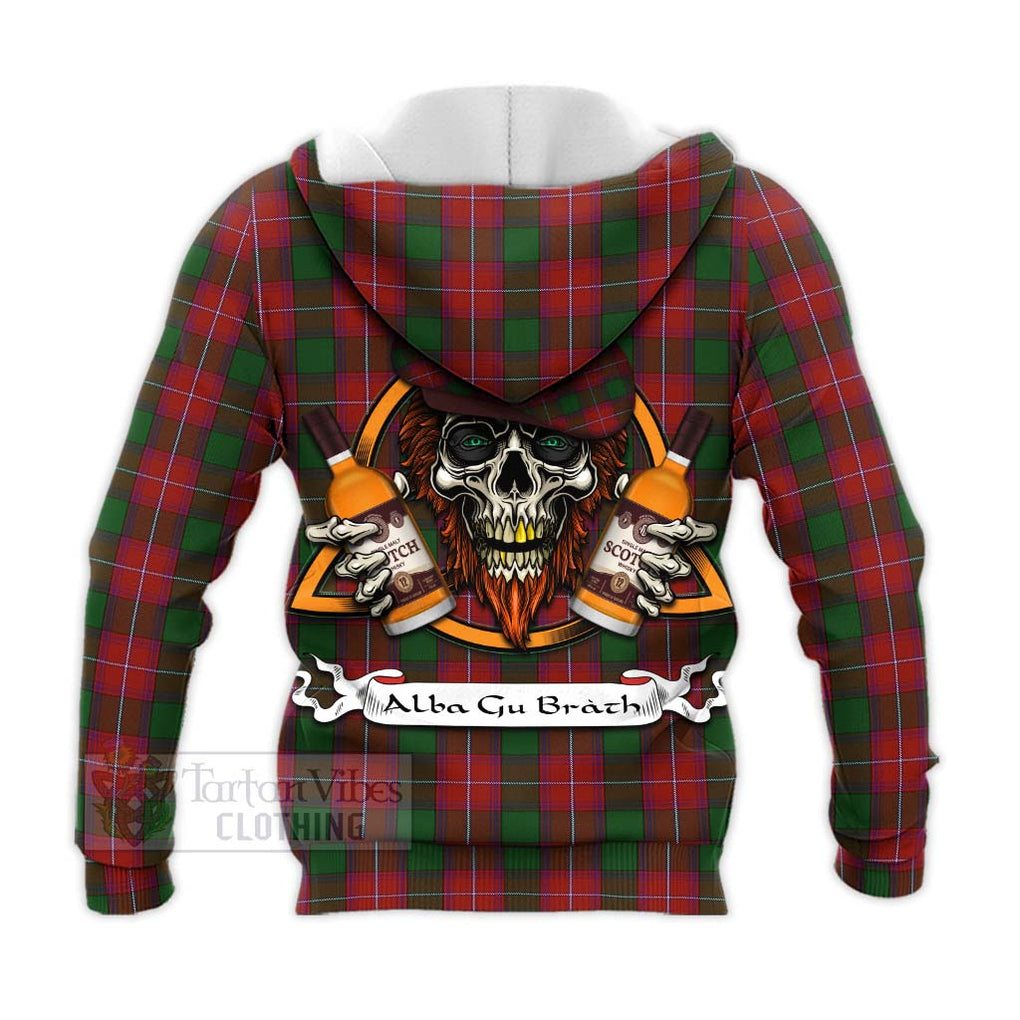 Tartan Vibes Clothing Rattray Tartan Knitted Hoodie with Family Crest and Bearded Skull Holding Bottles of Whiskey