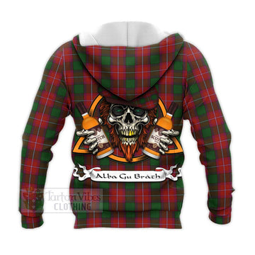 Rattray Tartan Knitted Hoodie with Family Crest and Bearded Skull Holding Bottles of Whiskey