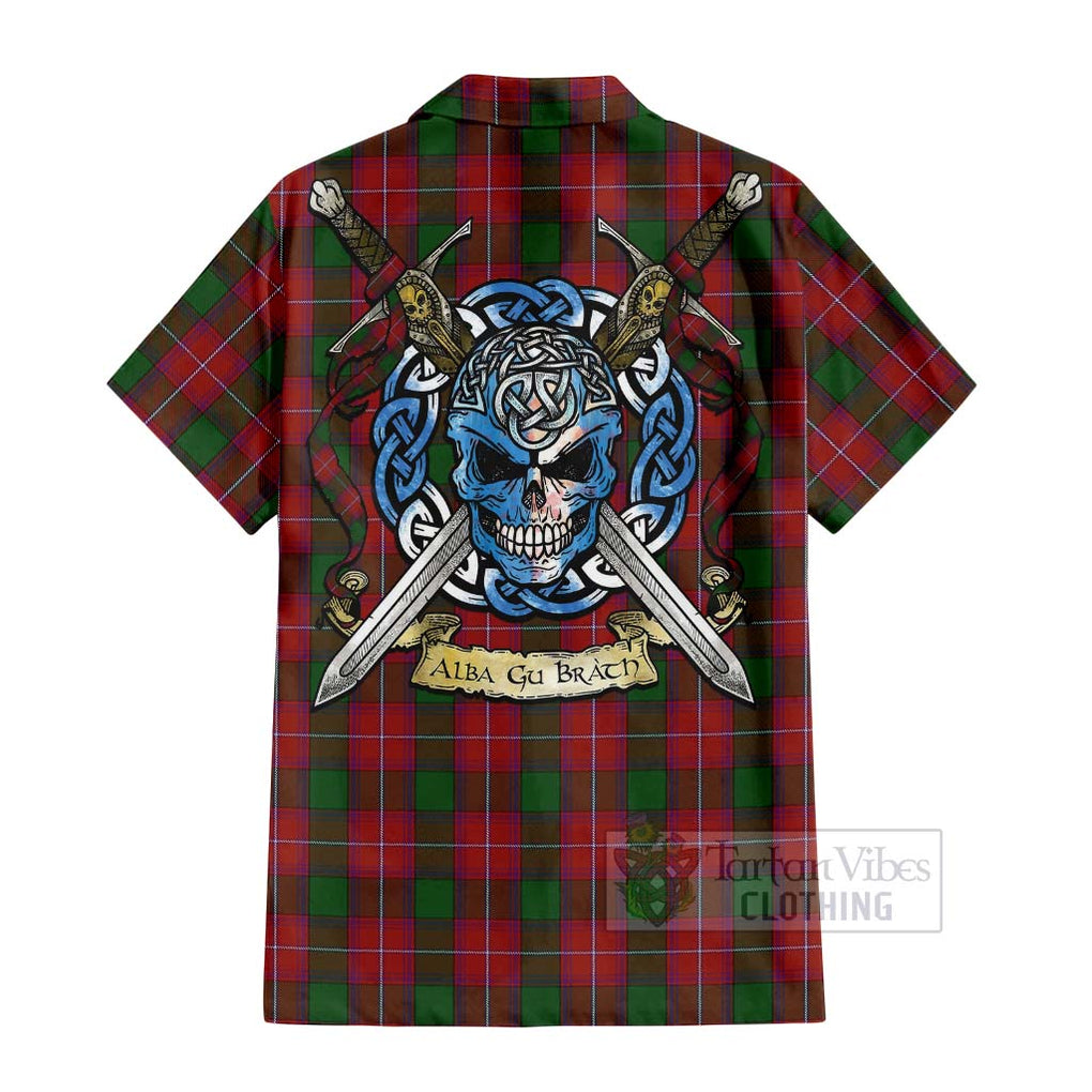 Tartan Vibes Clothing Rattray Tartan Short Sleeve Button Shirt with Family Crest Celtic Skull Style