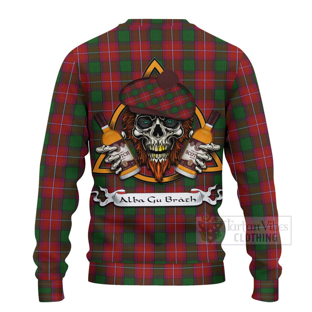 Tartan Vibes Clothing Rattray Tartan Knitted Sweater with Family Crest and Bearded Skull Holding Bottles of Whiskey