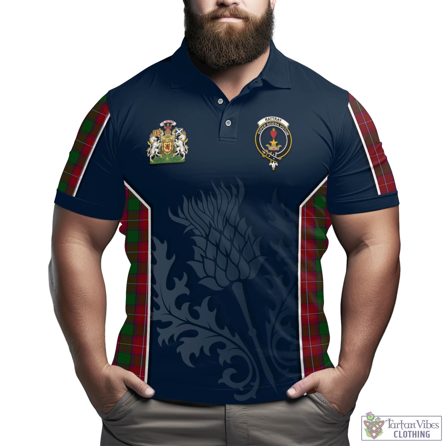 Tartan Vibes Clothing Rattray Tartan Men's Polo Shirt with Family Crest and Scottish Thistle Vibes Sport Style