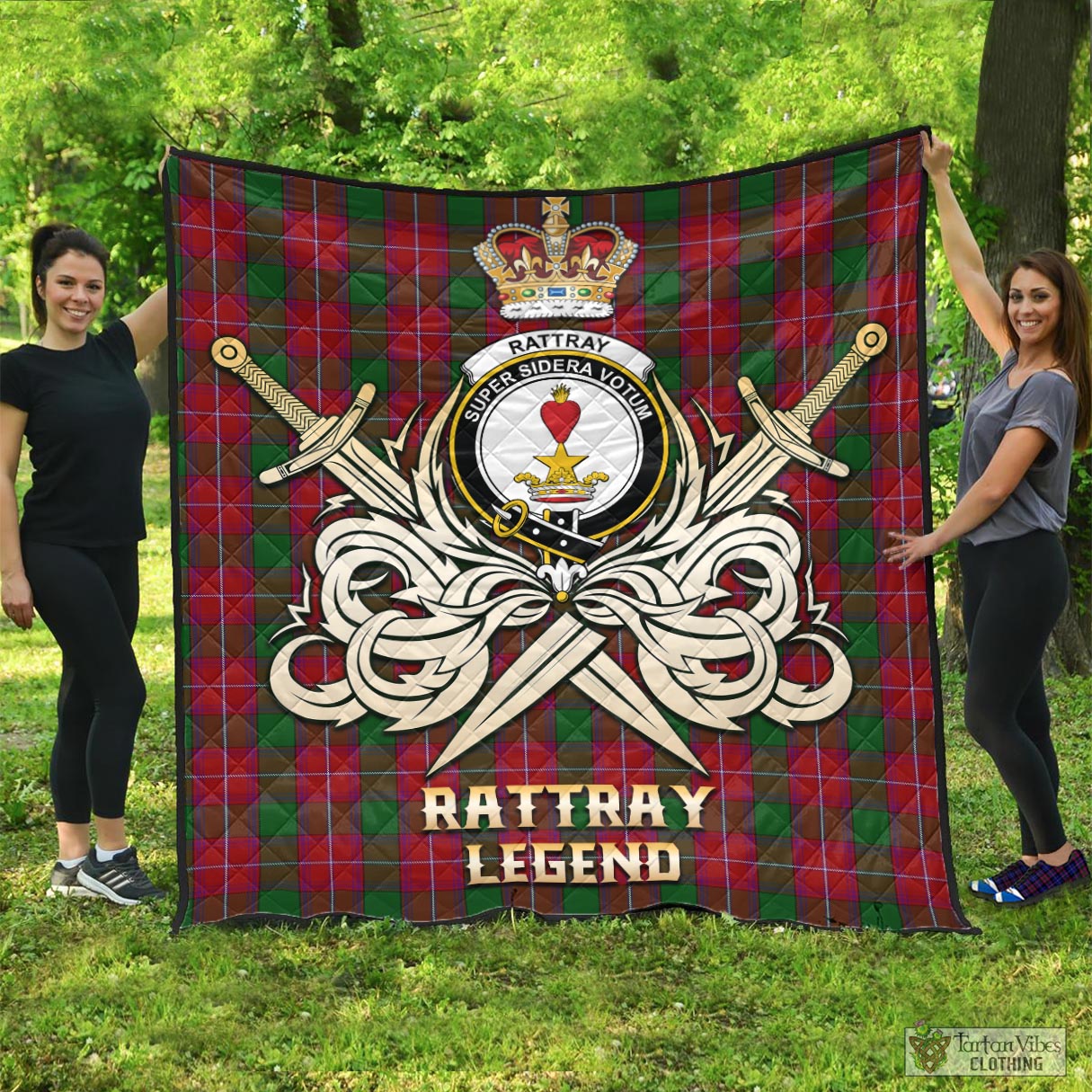 Tartan Vibes Clothing Rattray Tartan Quilt with Clan Crest and the Golden Sword of Courageous Legacy