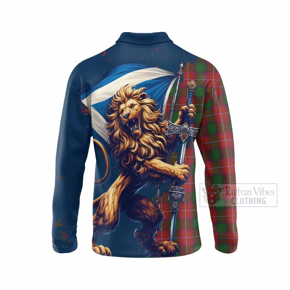 Tartan Vibes Clothing Rattray Tartan Family Crest Long Sleeve Polo Shirt with Scottish Majestic Lion