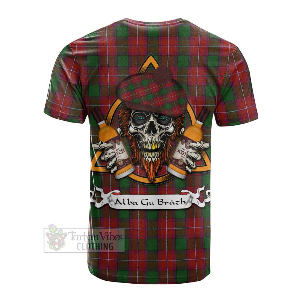 Tartan Vibes Clothing Rattray Tartan Cotton T-shirt with Family Crest and Bearded Skull Holding Bottles of Whiskey